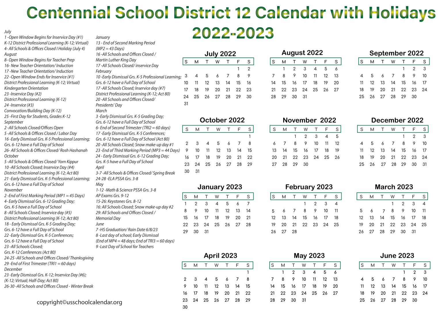 Centennial School District 12 Calendar with Holidays 20222023