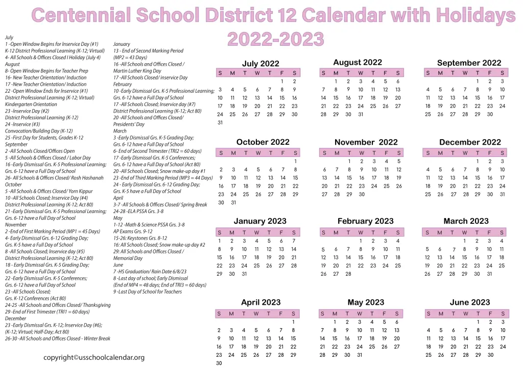 Centennial School District 12 Calendar with Holidays 2022-2023 2