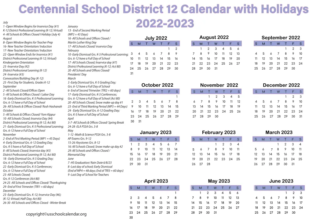 Centennial School District 12 Calendar with Holidays 2022-2023 3