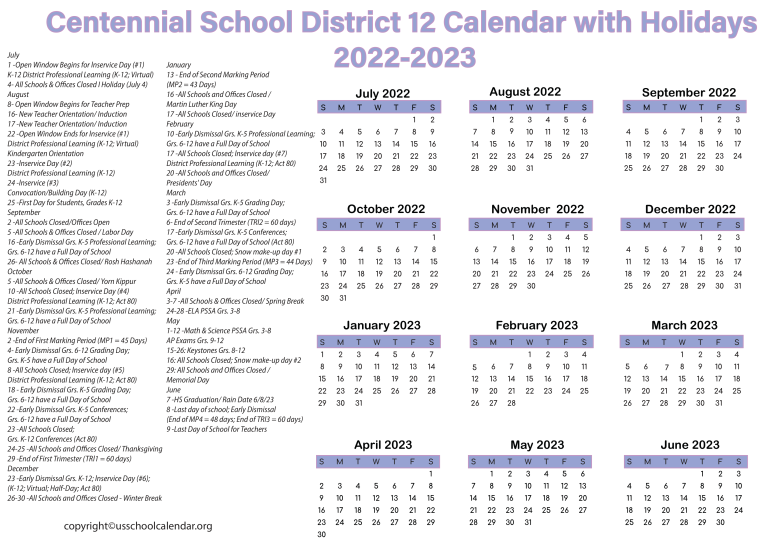 Centennial School District 12 Calendar with Holidays 20222023