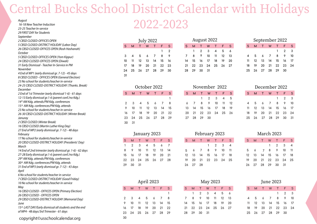 Central Bucks School District Calendar with Holidays 2022-2023