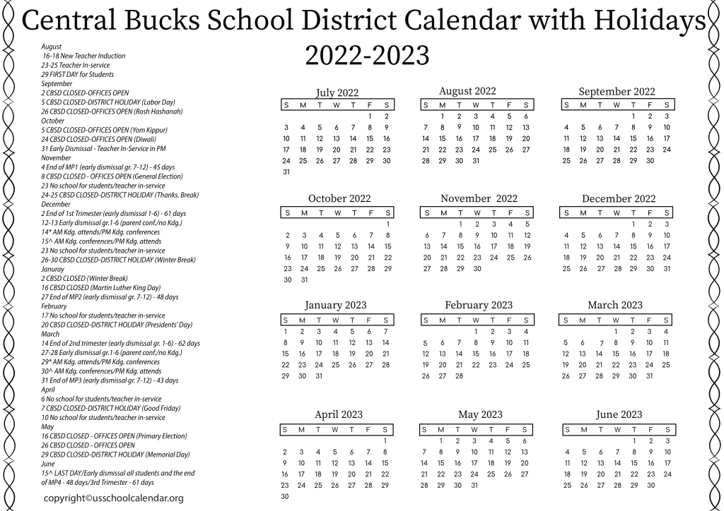 Central Bucks School District Calendar with Holidays 2022-2023 2