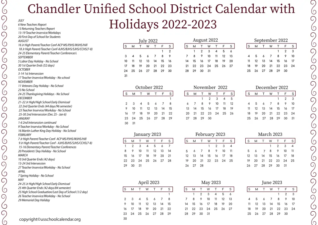 Chandler Unified School District Calendar with Holidays 2022-2023