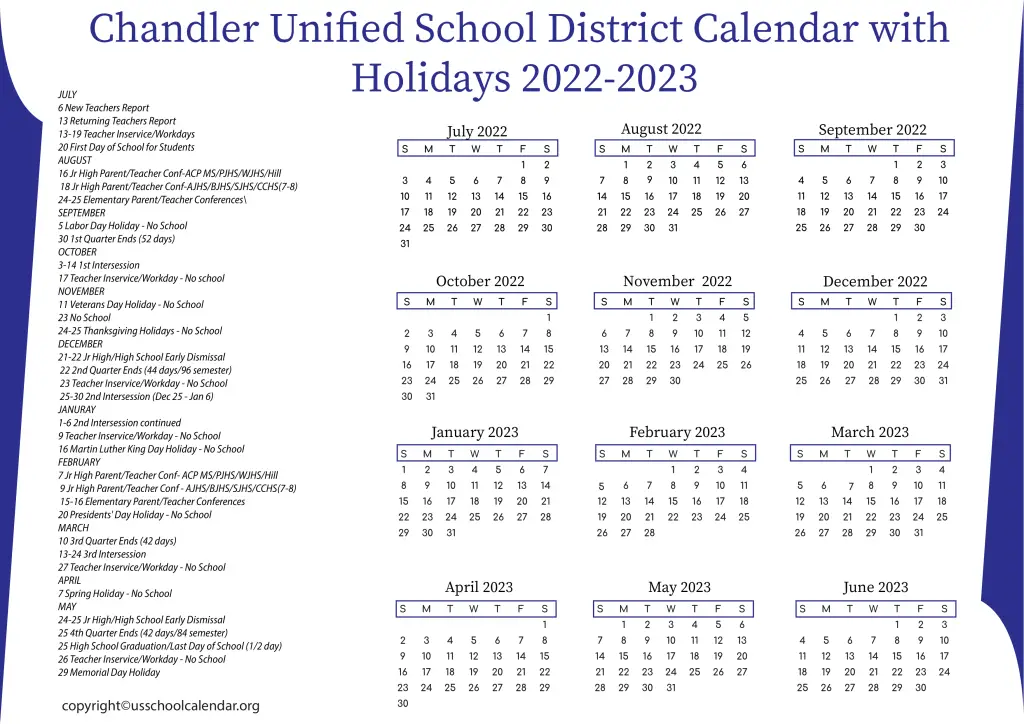 Chandler Unified School District Calendar with Holidays 2022-2023 2