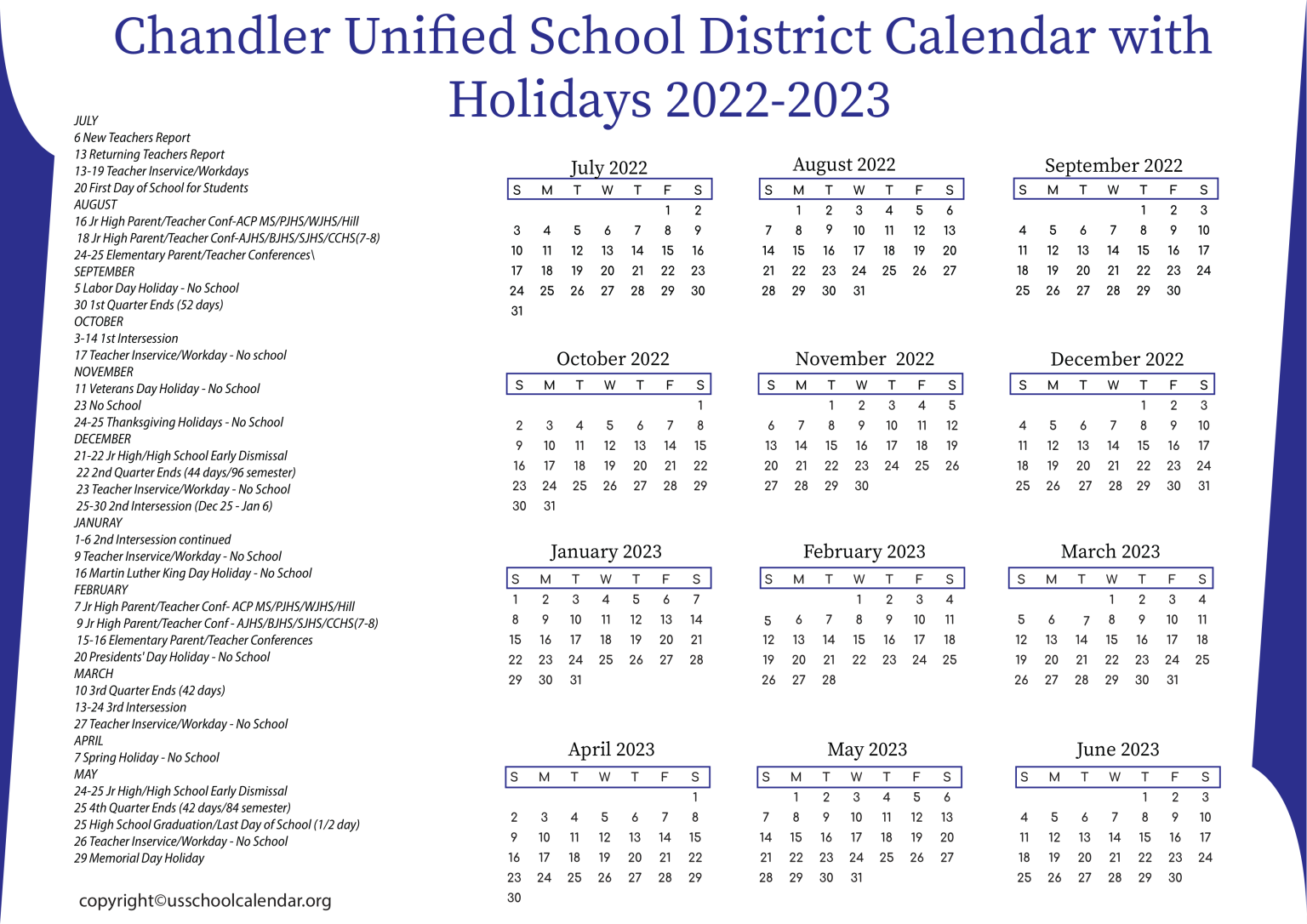 Chandler Unified School District Calendar with Holidays 2023