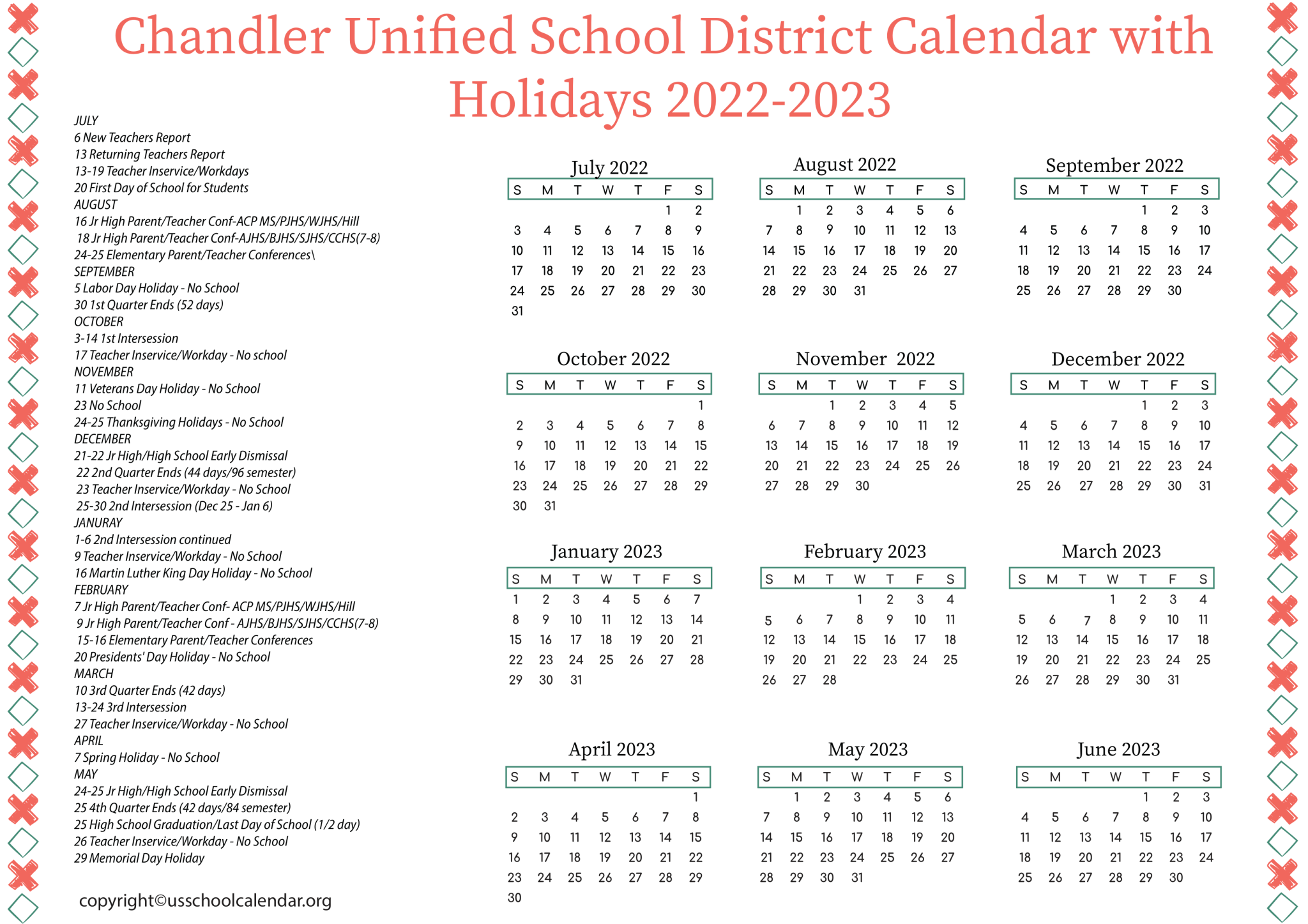 Chandler Unified School District Calendar with Holidays 2023