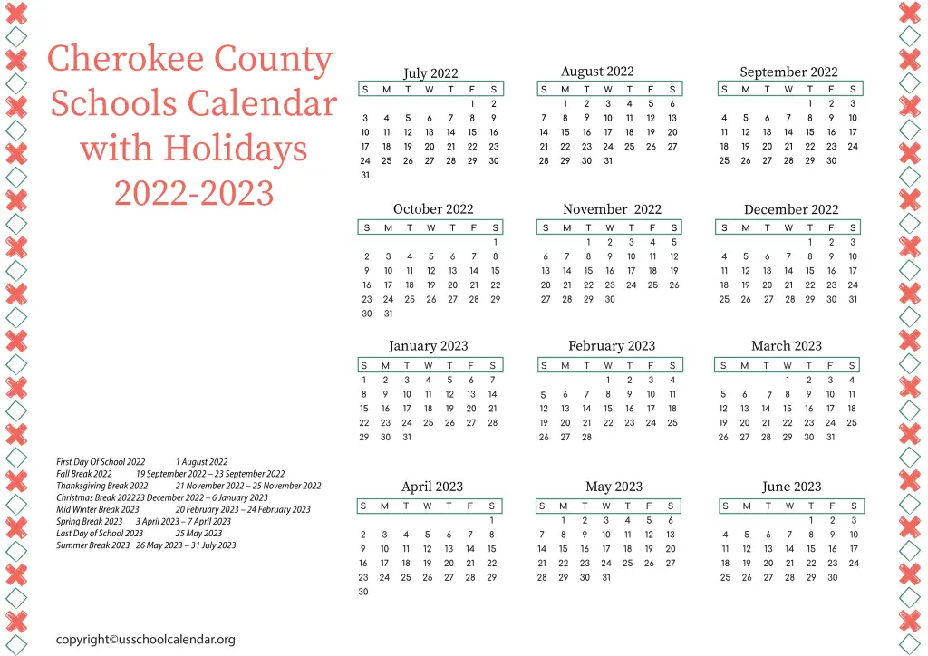 Cherokee County Schools Calendar with Holidays 2022-2023
