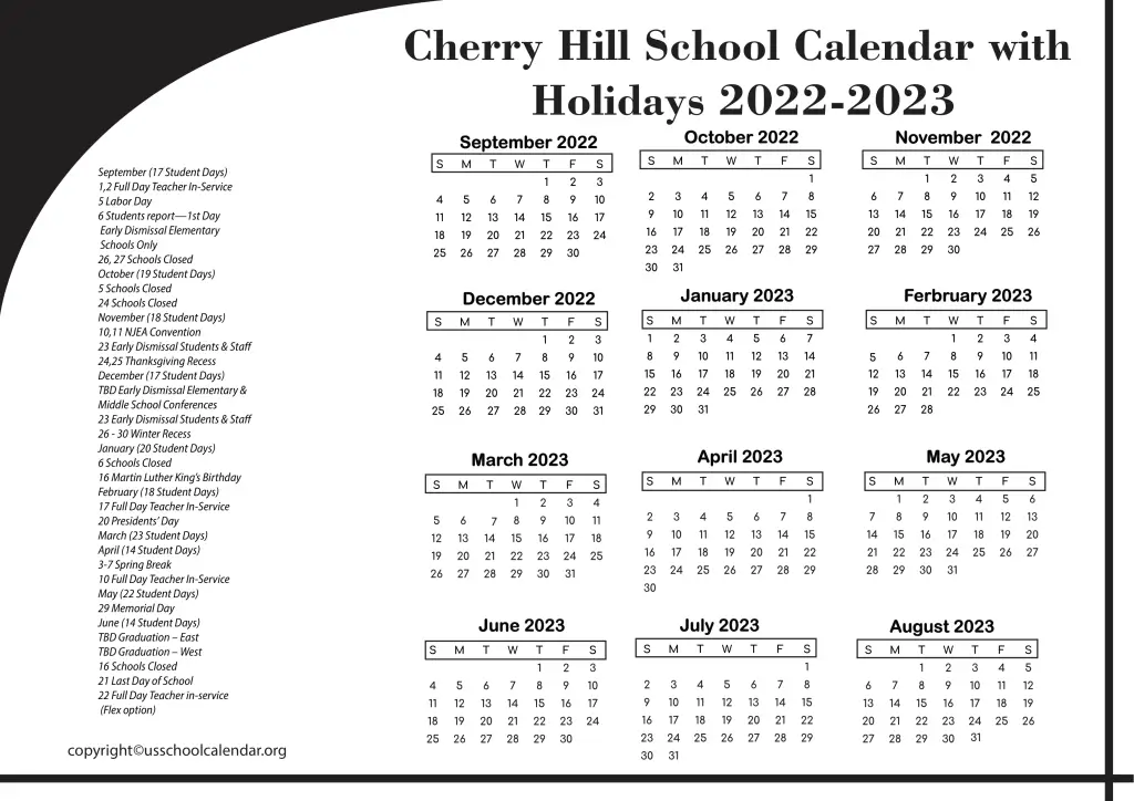Cherry Hill School Calendar with Holidays 2022-2023