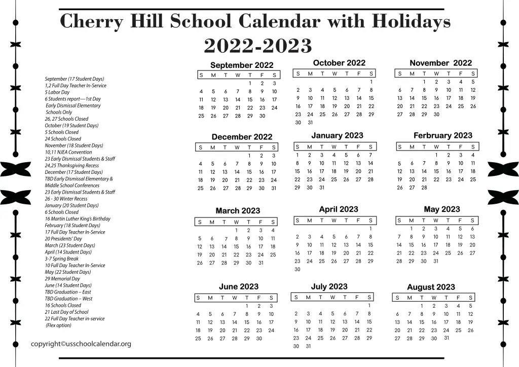 Cherry Hill School Calendar with Holidays 2022-2023 2