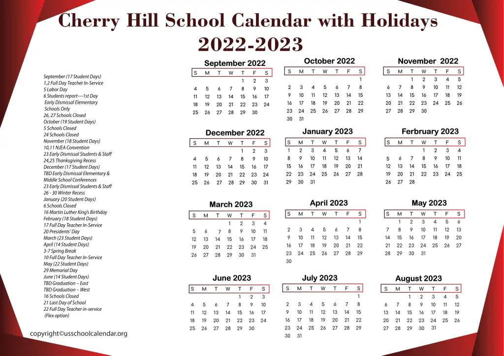 Cherry Hill School Calendar with Holidays 2022-2023 3