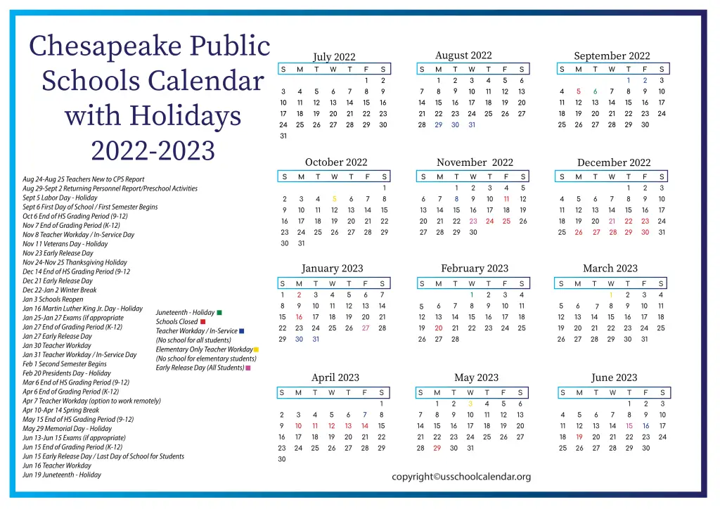 Chesapeake Public Schools Calendar with Holidays 2022-2023 2