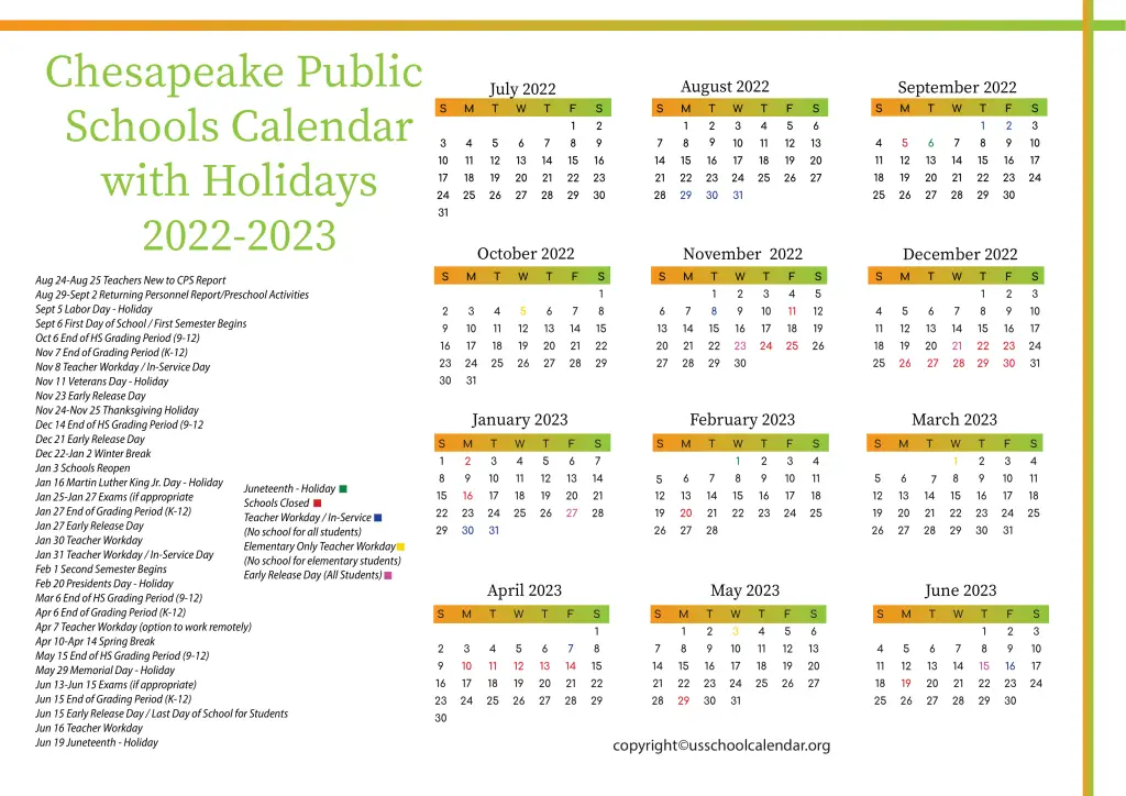 Chesapeake Public Schools Calendar with Holidays 2022-2023 3