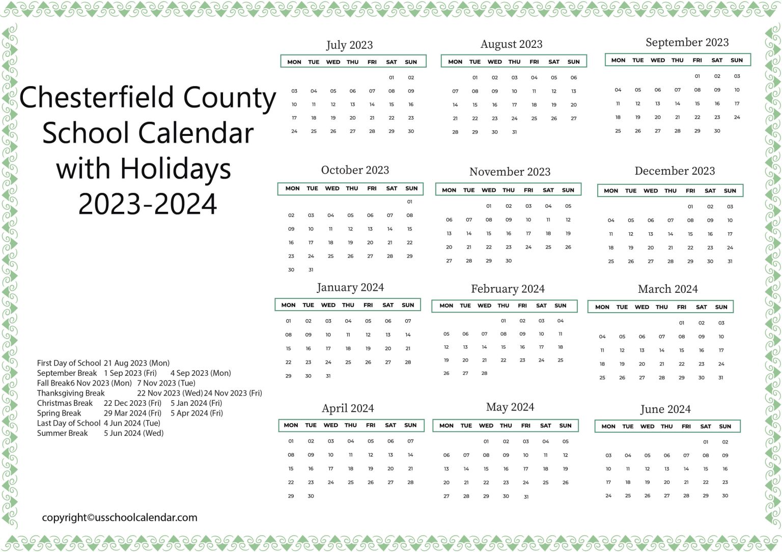 Chesterfield County School Calendar with Holidays 20232024