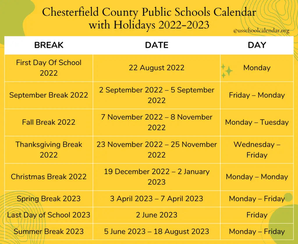 Chesterfield County Public Schools Calendar with Holidays 2022-2023