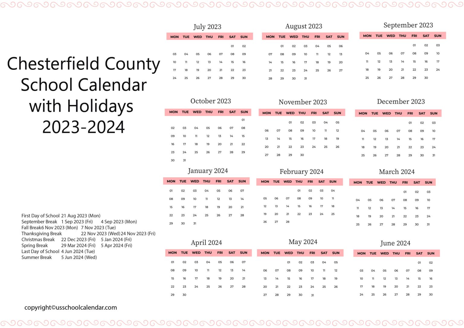 Chesterfield County School Calendar with Holidays 2023 2024