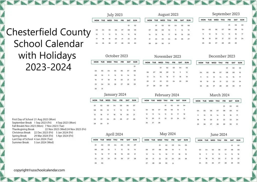 Chesterfield County School District Calendar