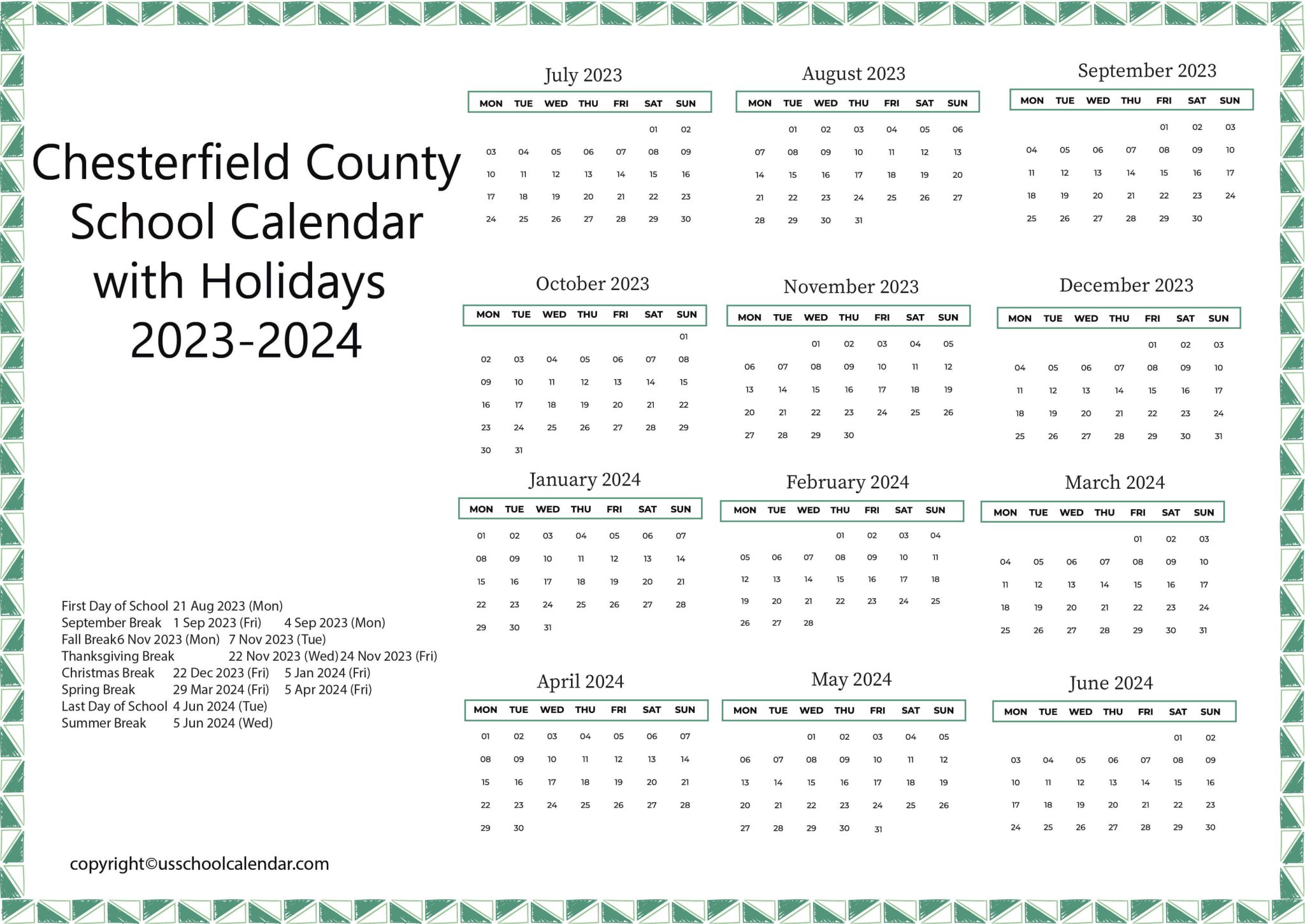 Chesterfield County School Calendar with Holidays 20232024