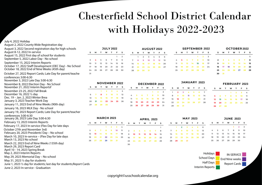 Chesterfield School District Calendar with Holidays 2022-2023