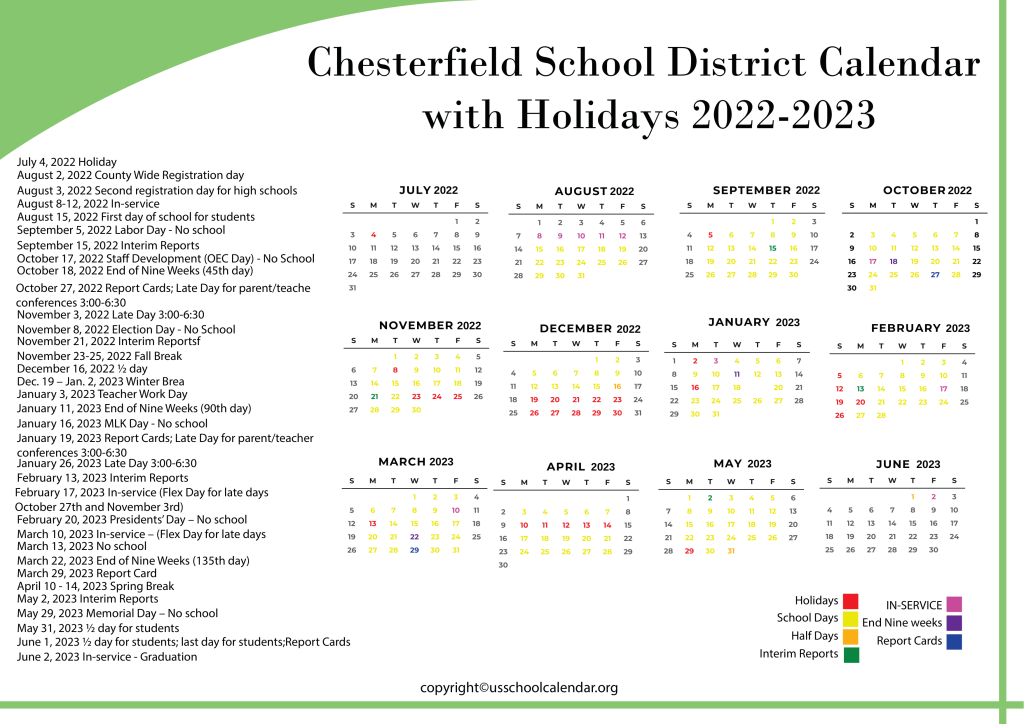 Chesterfield School District Calendar with Holidays 2022-2023 2