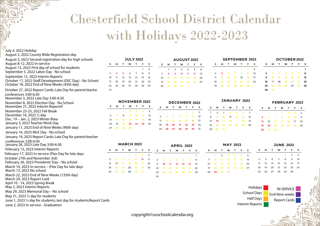 Chesterfield School District Calendar with Holidays 2022-2023 3