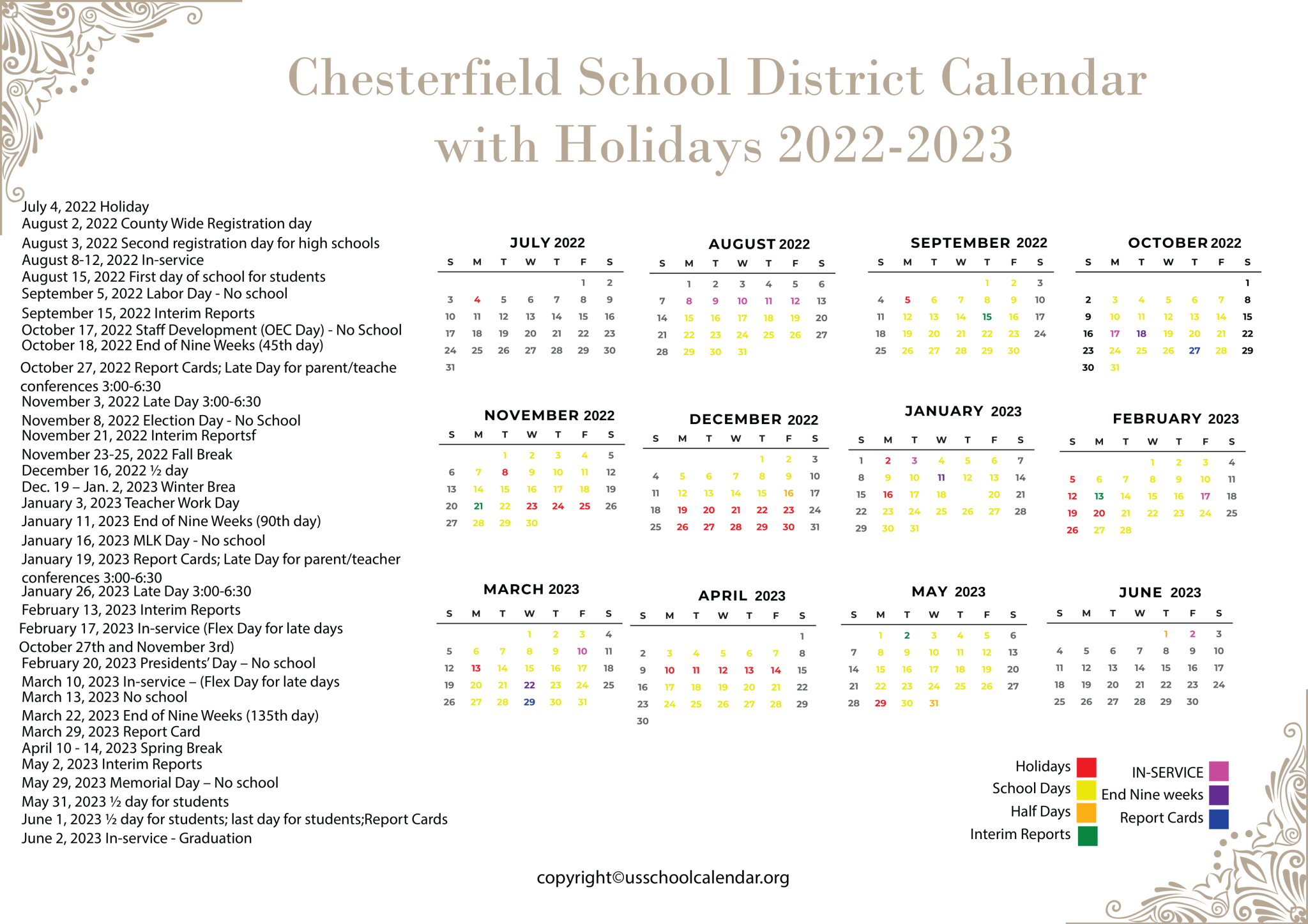 Chesterfield School District Calendar With Holidays 2023