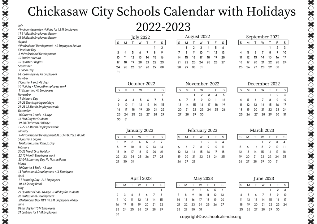 Chickasaw City Schools Calendar with Holidays 2022-2023