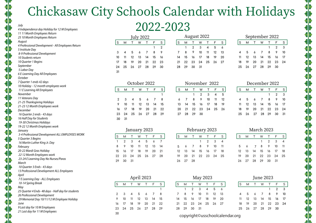 Chickasaw City Schools Calendar with Holidays 2022-2023 2