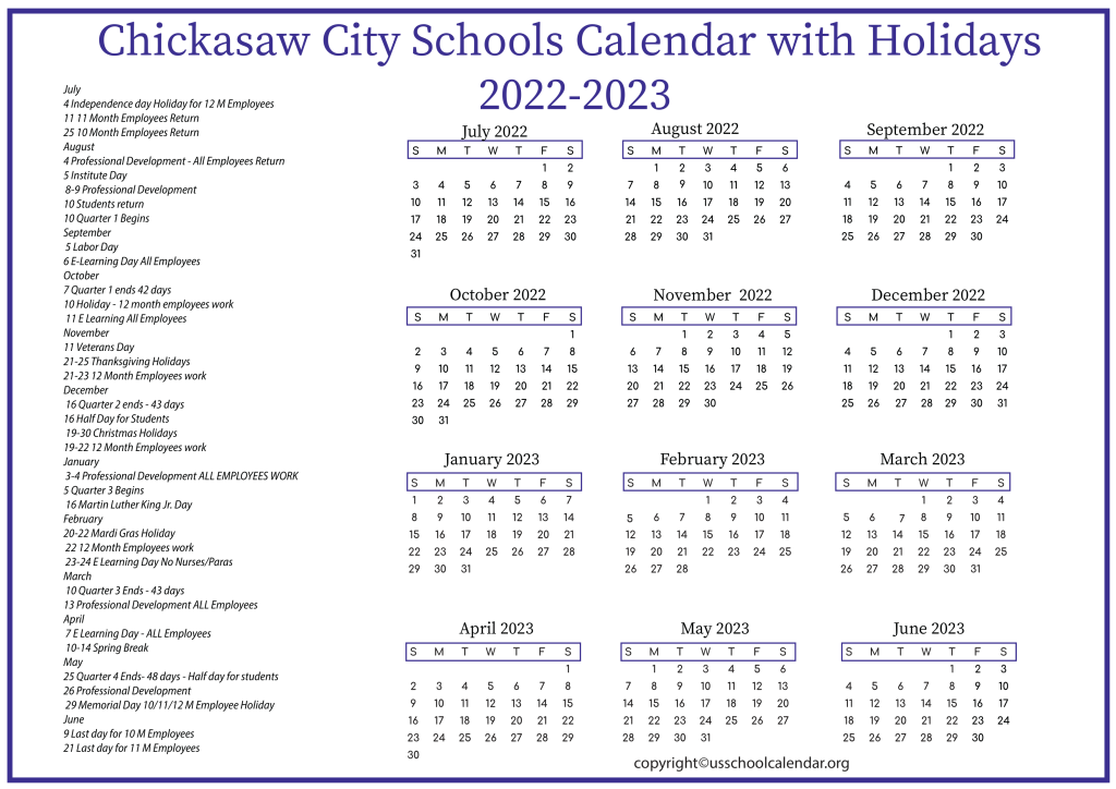Chickasaw City Schools Calendar with Holidays 2022-2023 3