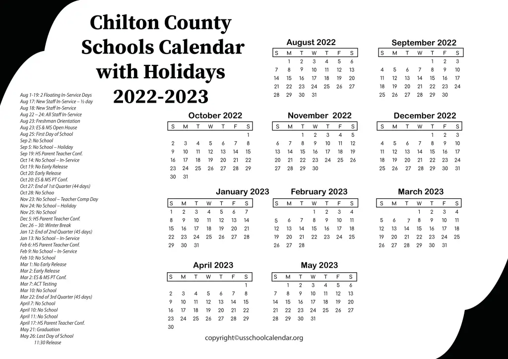 Chilton County Schools Calendar with Holidays 2022-2023