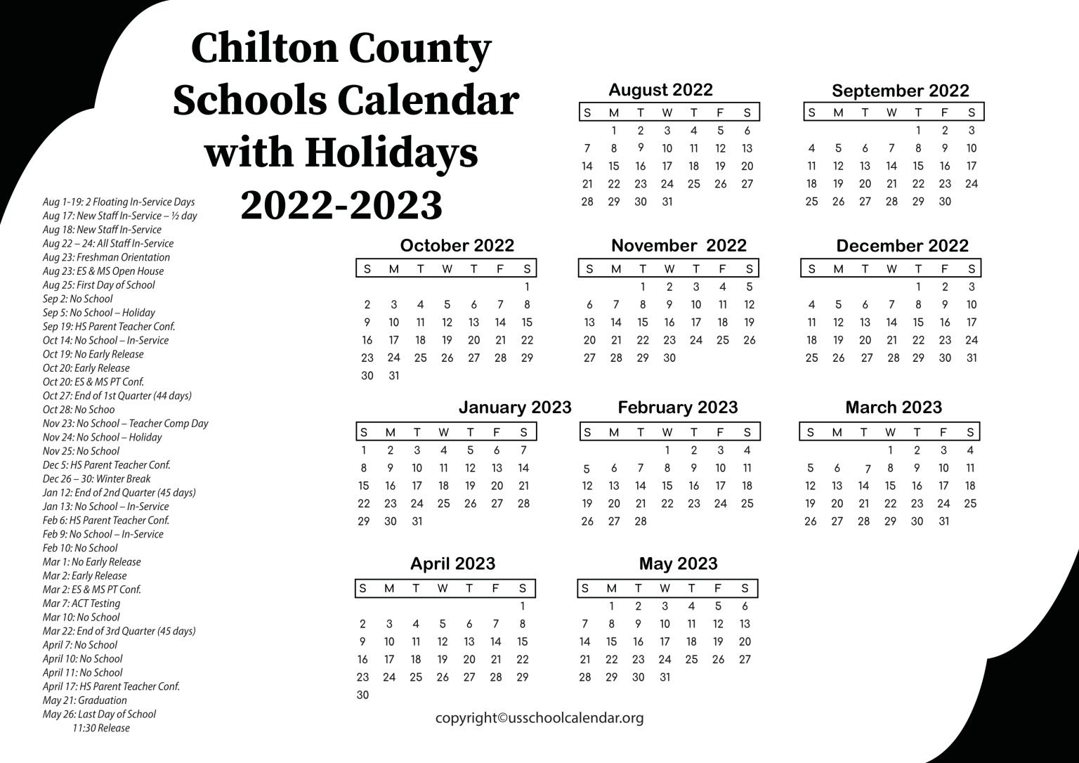 Chilton County Schools Calendar with Holidays 2023