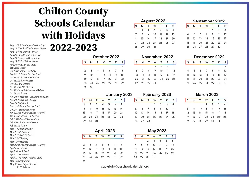 Chilton County Schools Calendar with Holidays 2022-2023 2