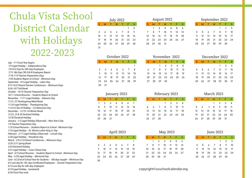 Chula Vista School District Calendar with Holidays 2022-2023