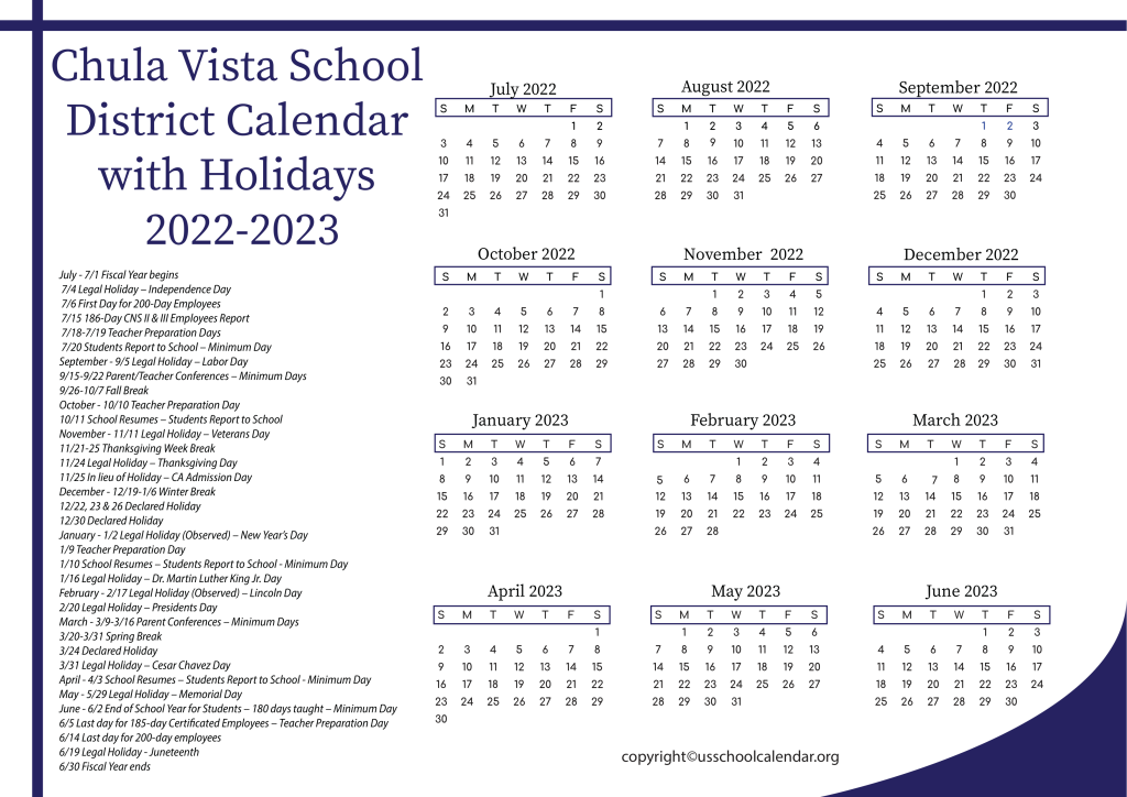 Chula Vista School District Calendar with Holidays 2022-2023 2
