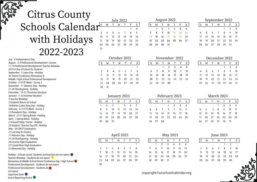 Citrus Schools Calendar US School Calendar