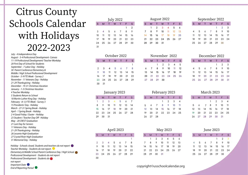 Citrus County Schools Calendar with Holidays 2022-2023 3