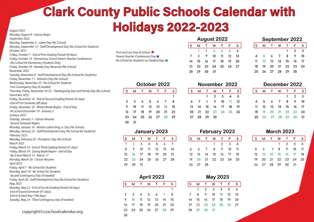 Clark County Public Schools Calendar with Holidays 2022-2023