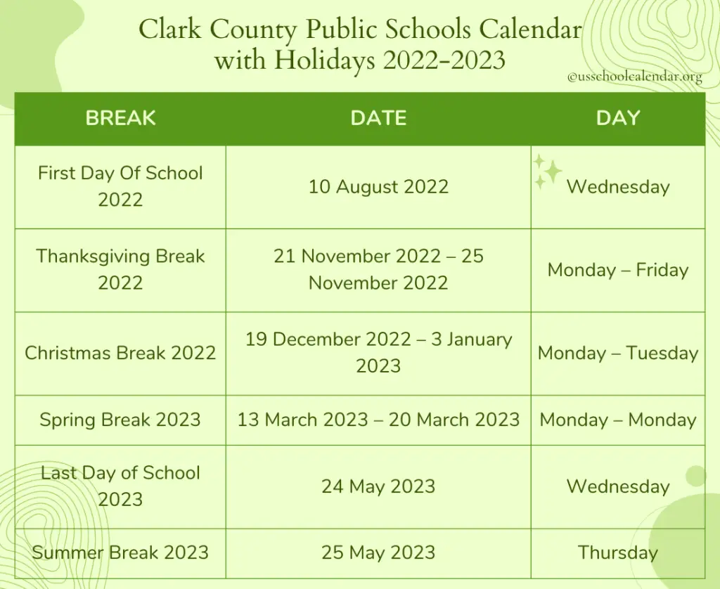 Clark County Public Schools Calendar with Holidays 2022-2023