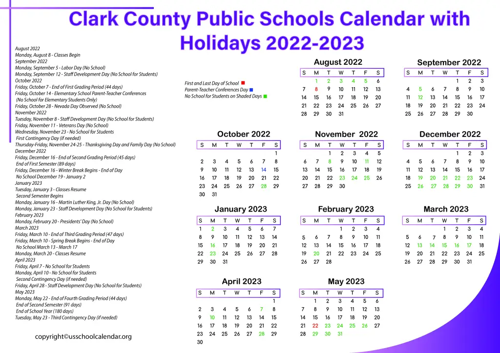 Clark County Public Schools Calendar with Holidays 2022-2023 2