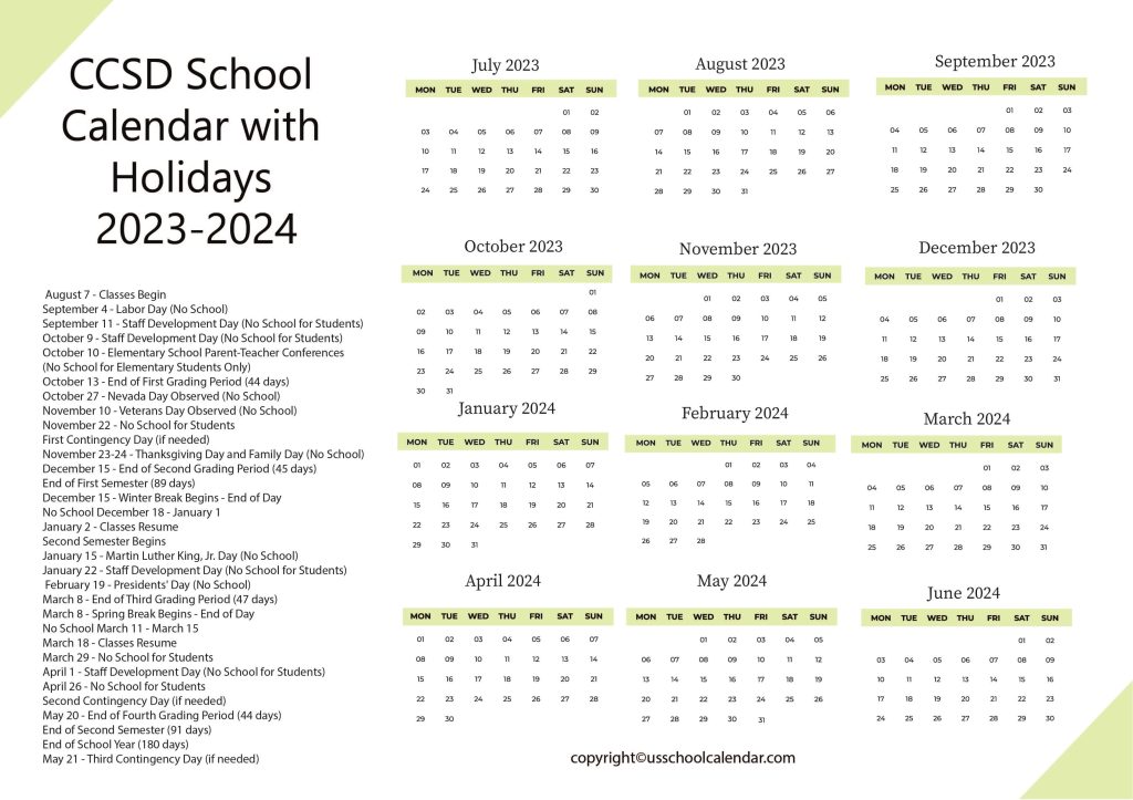 CCSD School Calendar with Holidays 20232024