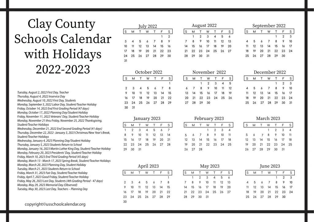 Clay County Schools Calendar with Holidays 2022-2023