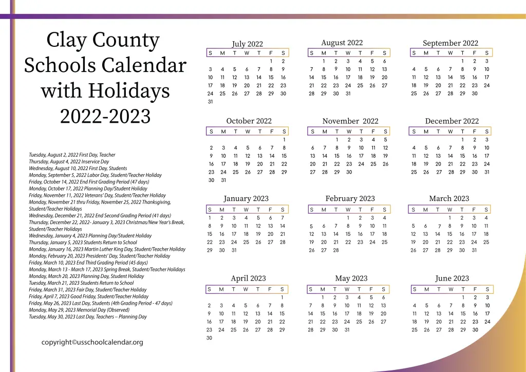 Clay County Schools Calendar with Holidays 2022-2023 2