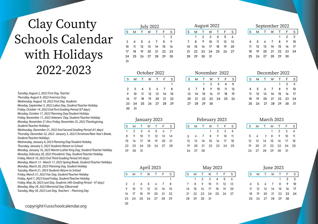 Clay County Schools Calendar with Holidays 2022-2023 3