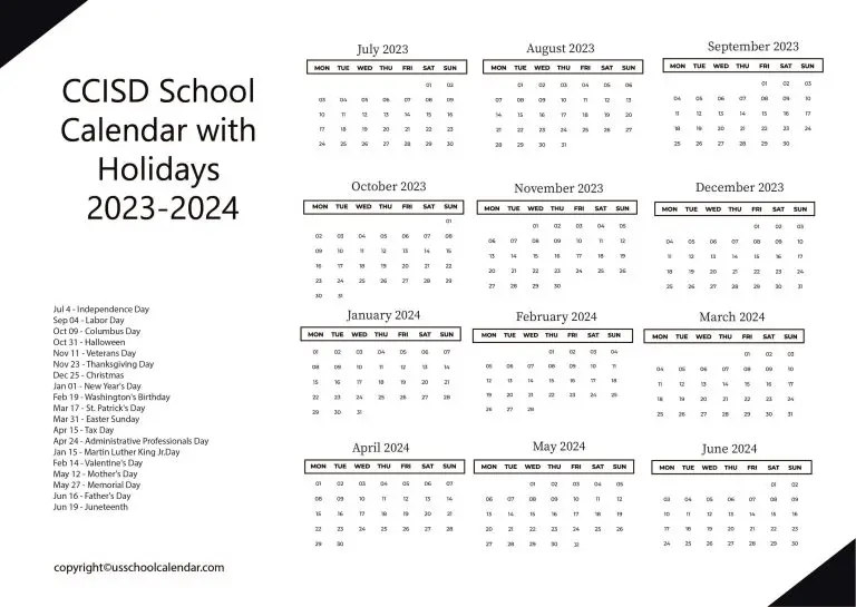 CCISD School Calendar with Holidays 2023-2024
