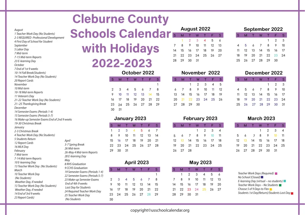 Cleburne County Schools Calendar with Holidays 2022-2023
