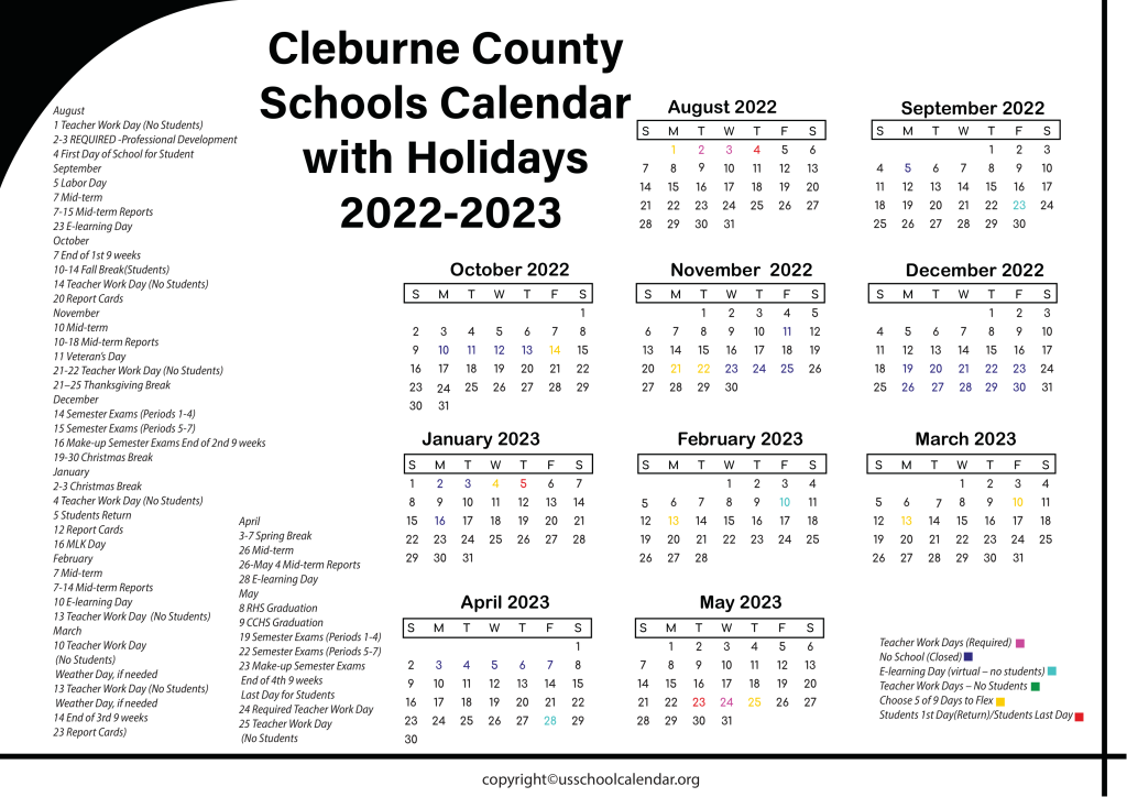 Cleburne County Schools Calendar with Holidays 2022-2023 2