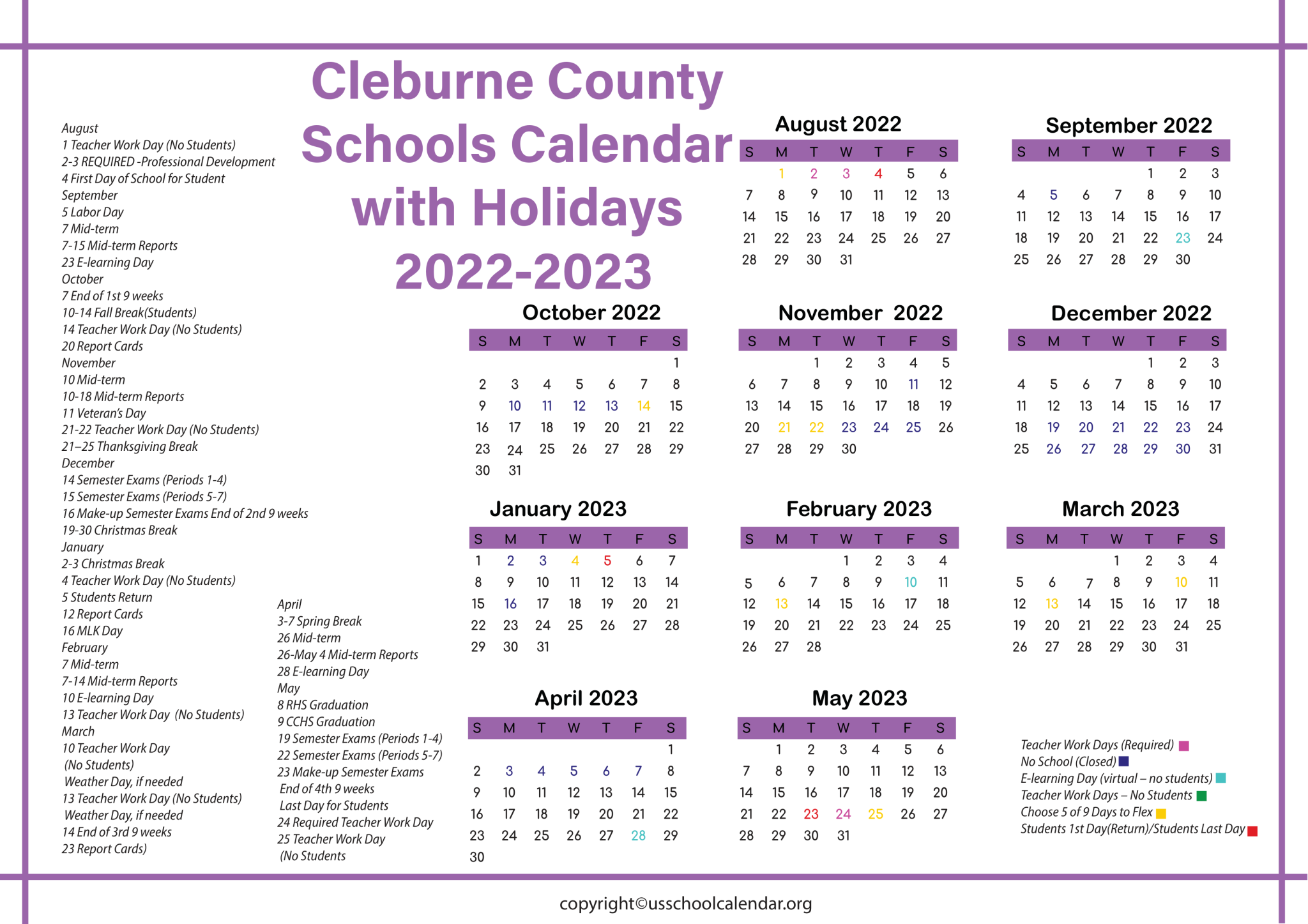 Cleburne County Schools Calendar with Holidays 2023