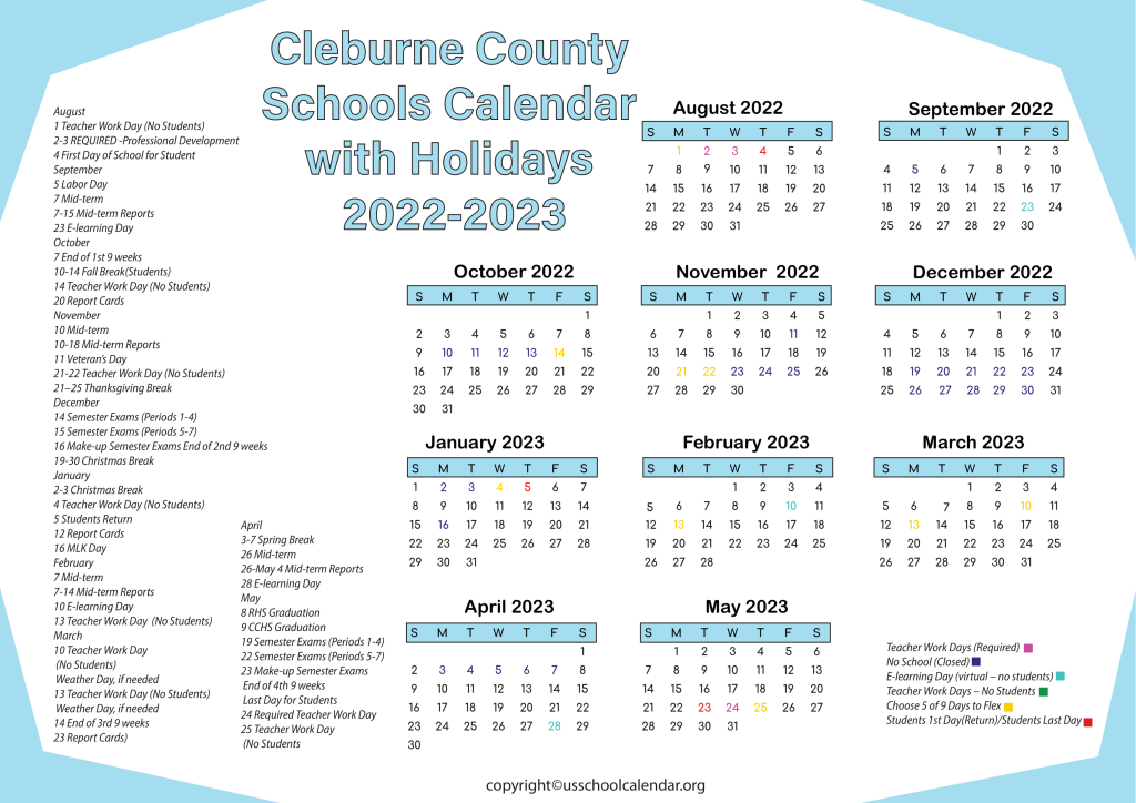 Cleburne County Schools Calendar with Holidays 2022-2023 3