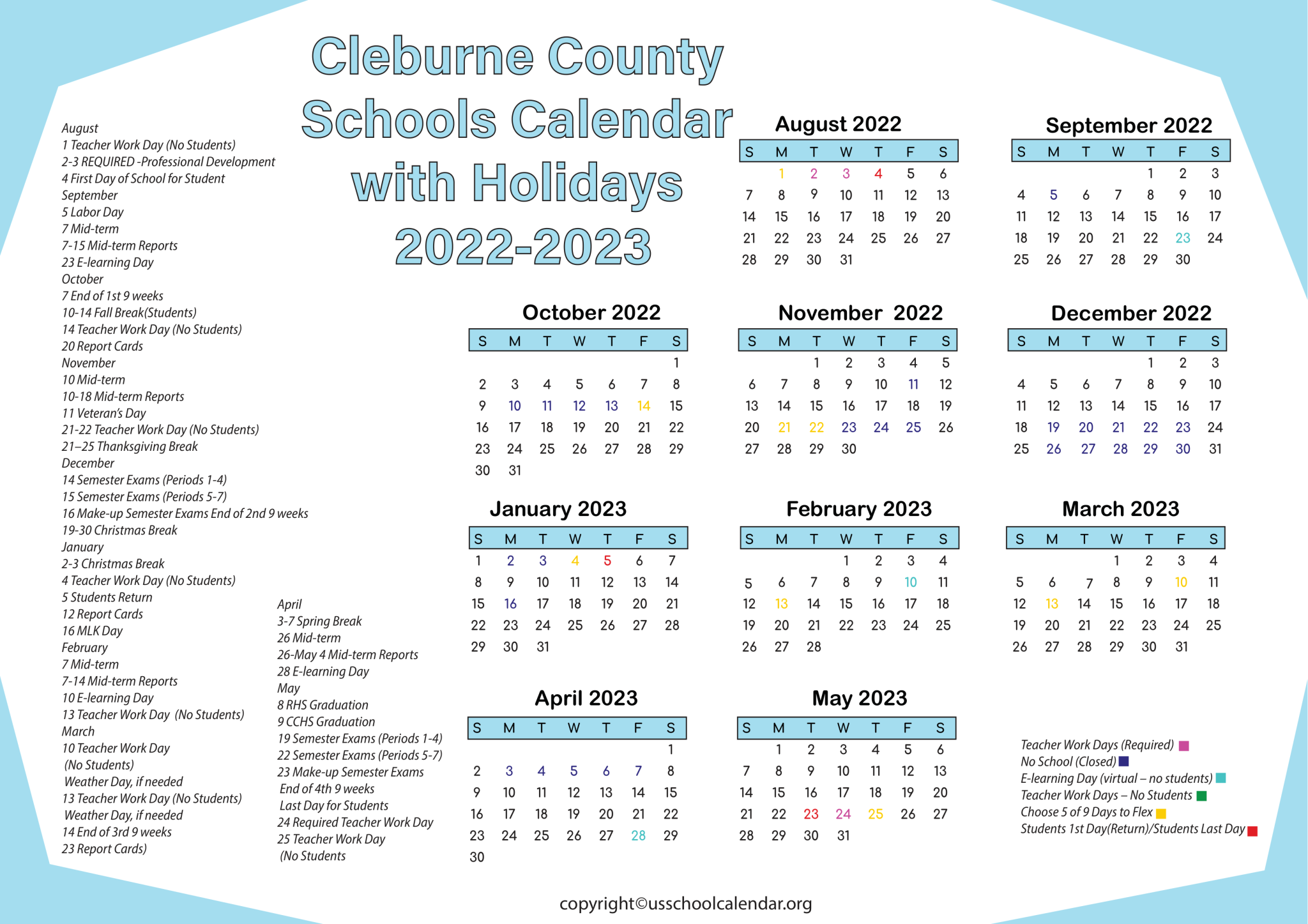 Cleburne County Schools Calendar with Holidays 2023