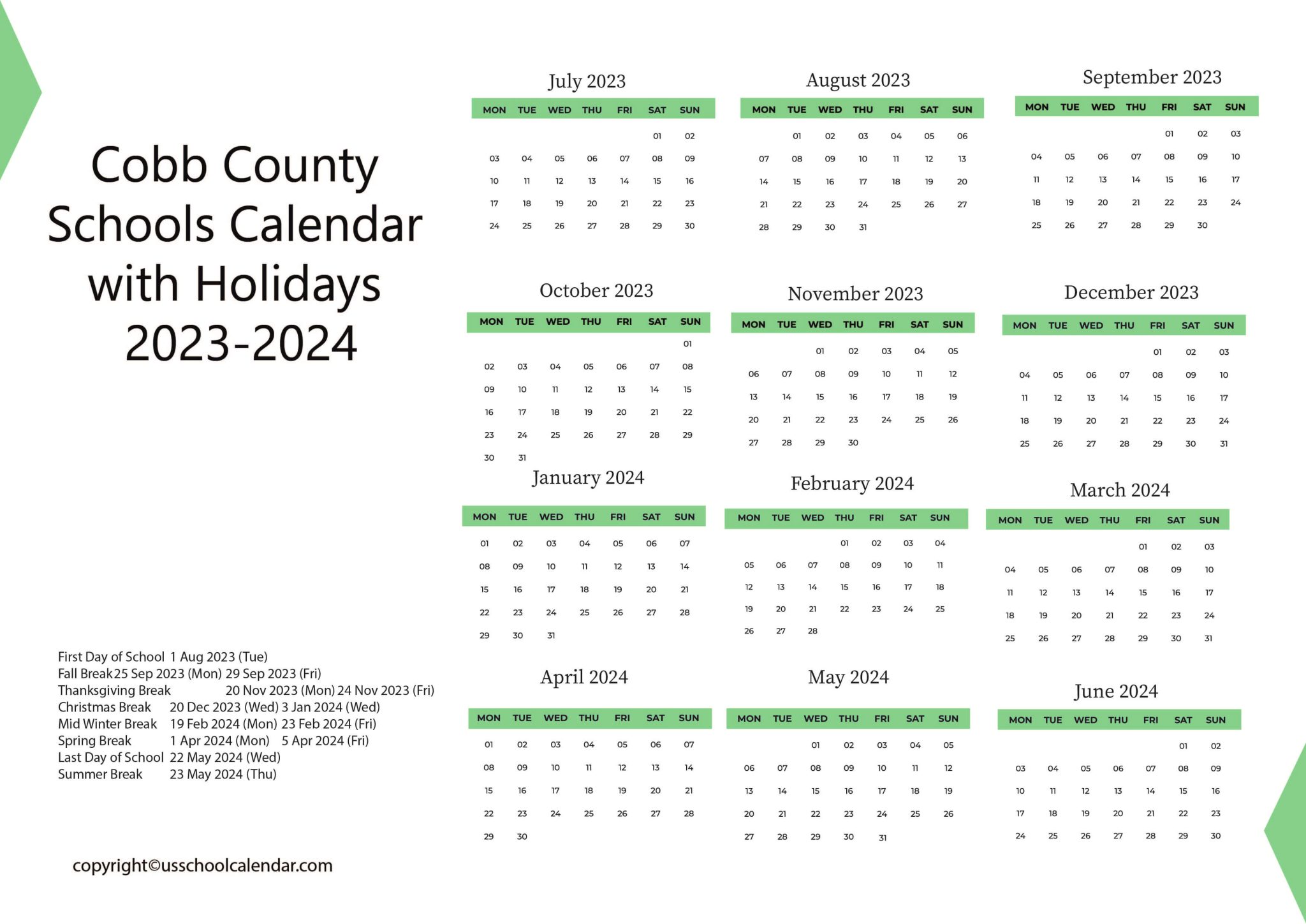 Cobb County Schools Calendar with Holidays 20232024