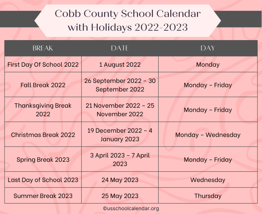 Cobb County School Calendar with Holidays 20222023